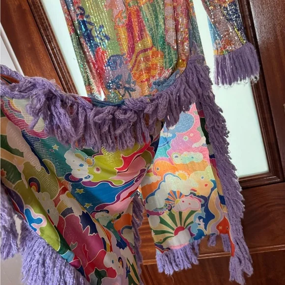 CeliaB Sequin Caftan + Purple Fringe, Size L - Picture 3 of 6